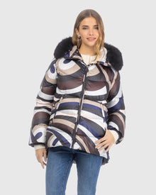Après-Ski Jacket With Detachable Toscana Lamb Hood Trim | Navy/Brown Swirl/Black (V3)
