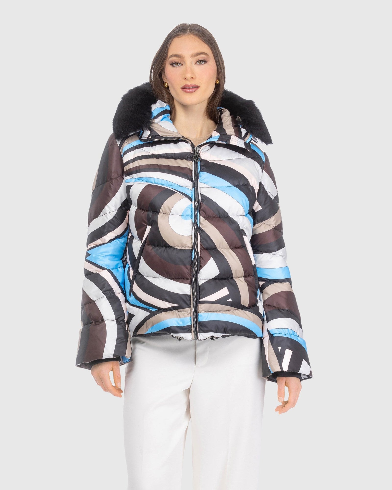 Après-Ski Jacket With Detachable Toscana Lamb Hood Trim | Sky/Brown Swirl/Black