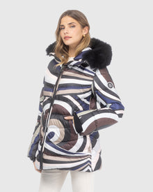 Après-Ski Jacket With Detachable Toscana Lamb Hood Trim | Navy/Brown Swirl/Black (V1)