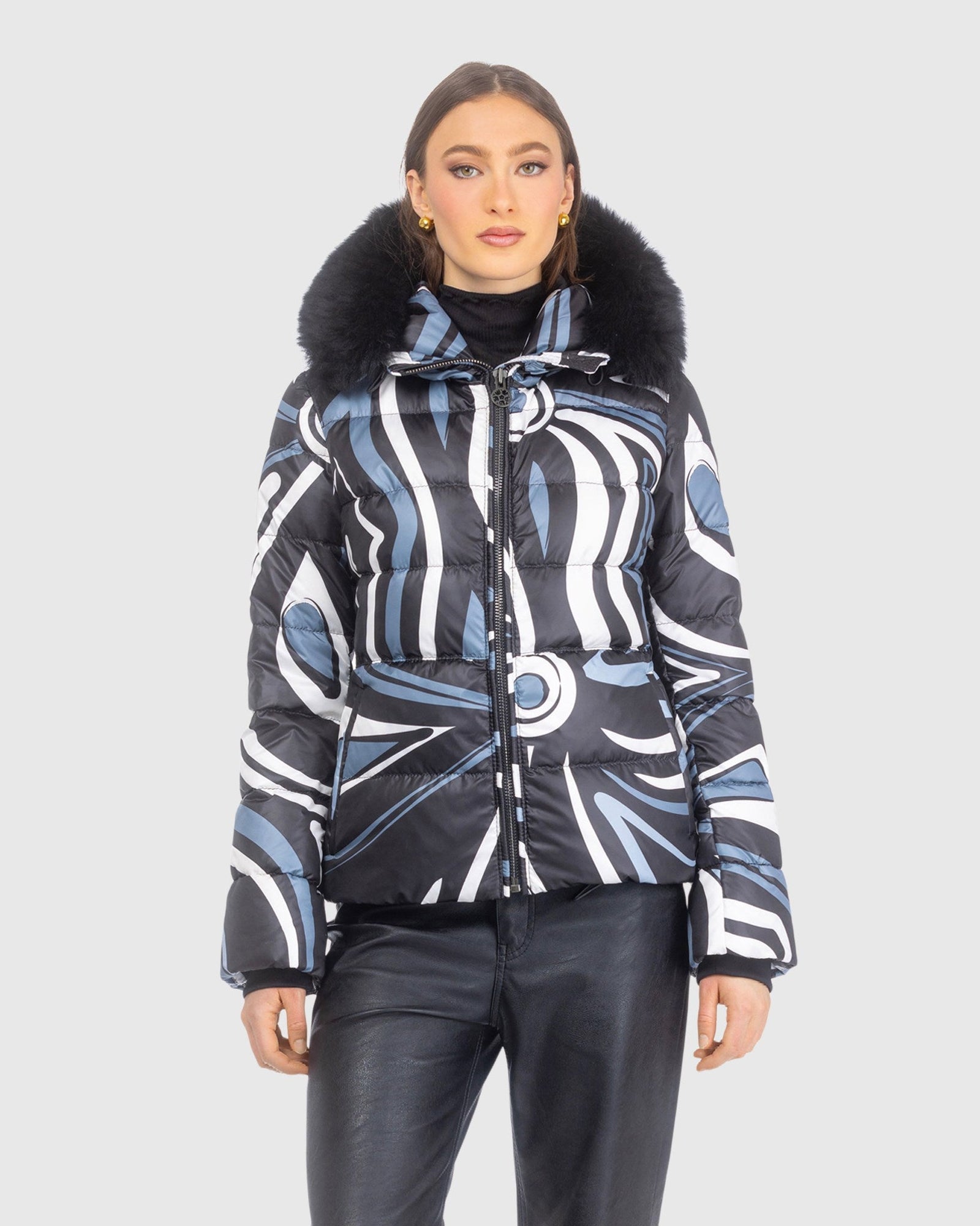 Après-Ski Jacket With Detachable Toscana Lamb Hood Trim | Black Swirl/Black (V1)