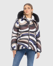 Après-Ski Jacket With Detachable Toscana Lamb Hood Trim | Navy/Brown Swirl/Black (V3)