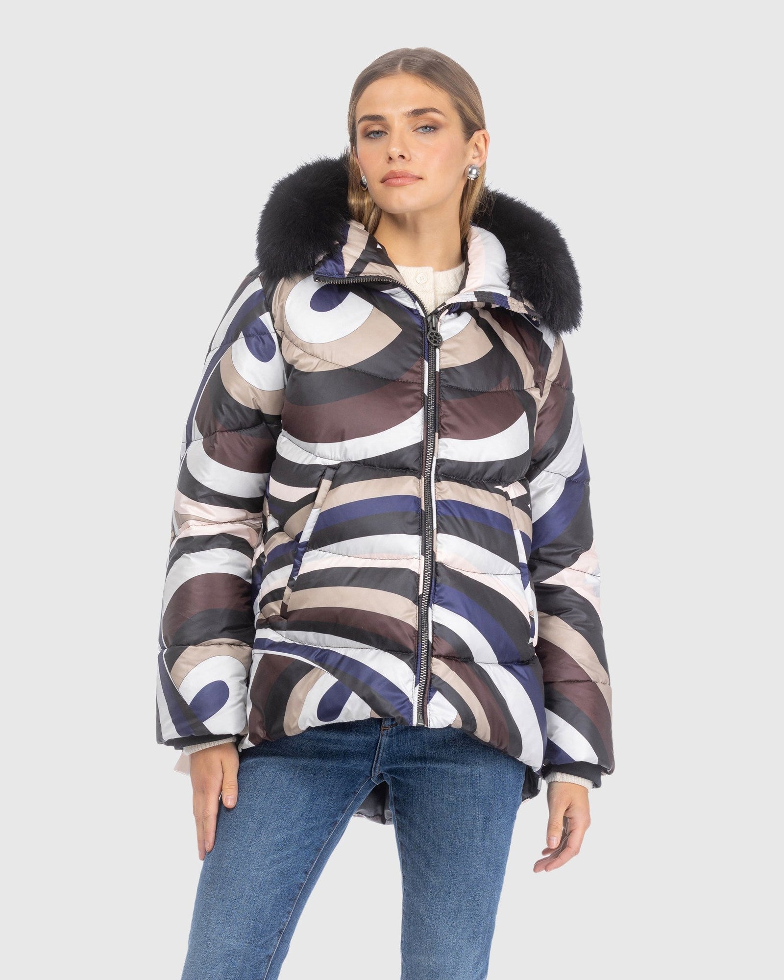 Après-Ski Jacket With Detachable Toscana Lamb Hood Trim | Navy/Brown Swirl/Black (V3)