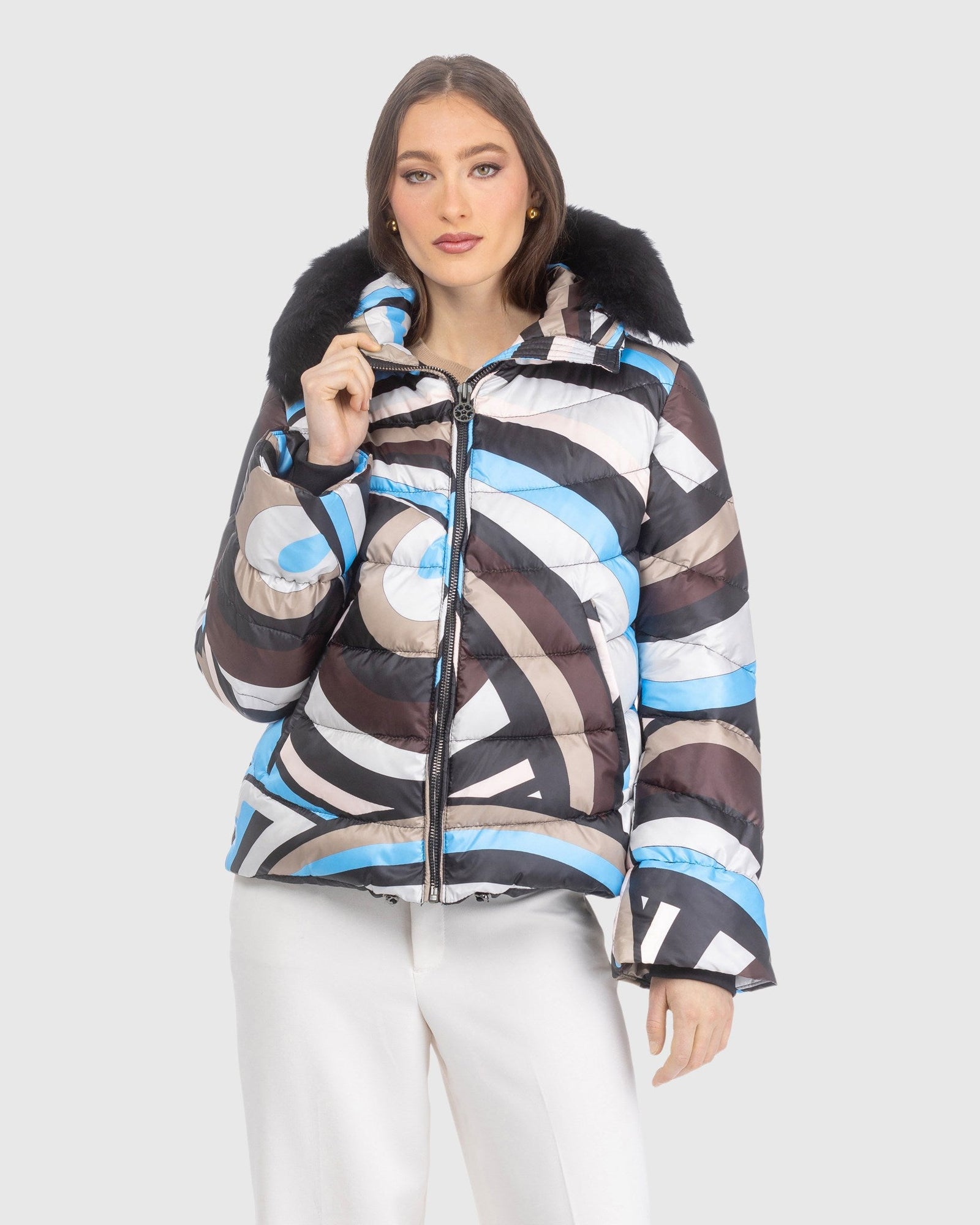 Après-Ski Jacket With Detachable Toscana Lamb Hood Trim | Sky/Brown Swirl/Black