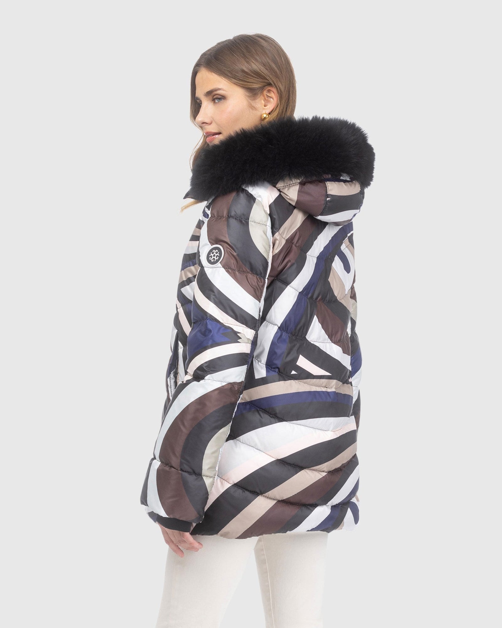 Après-Ski Jacket With Detachable Toscana Lamb Hood Trim | Navy/Brown Swirl/Black (V1)