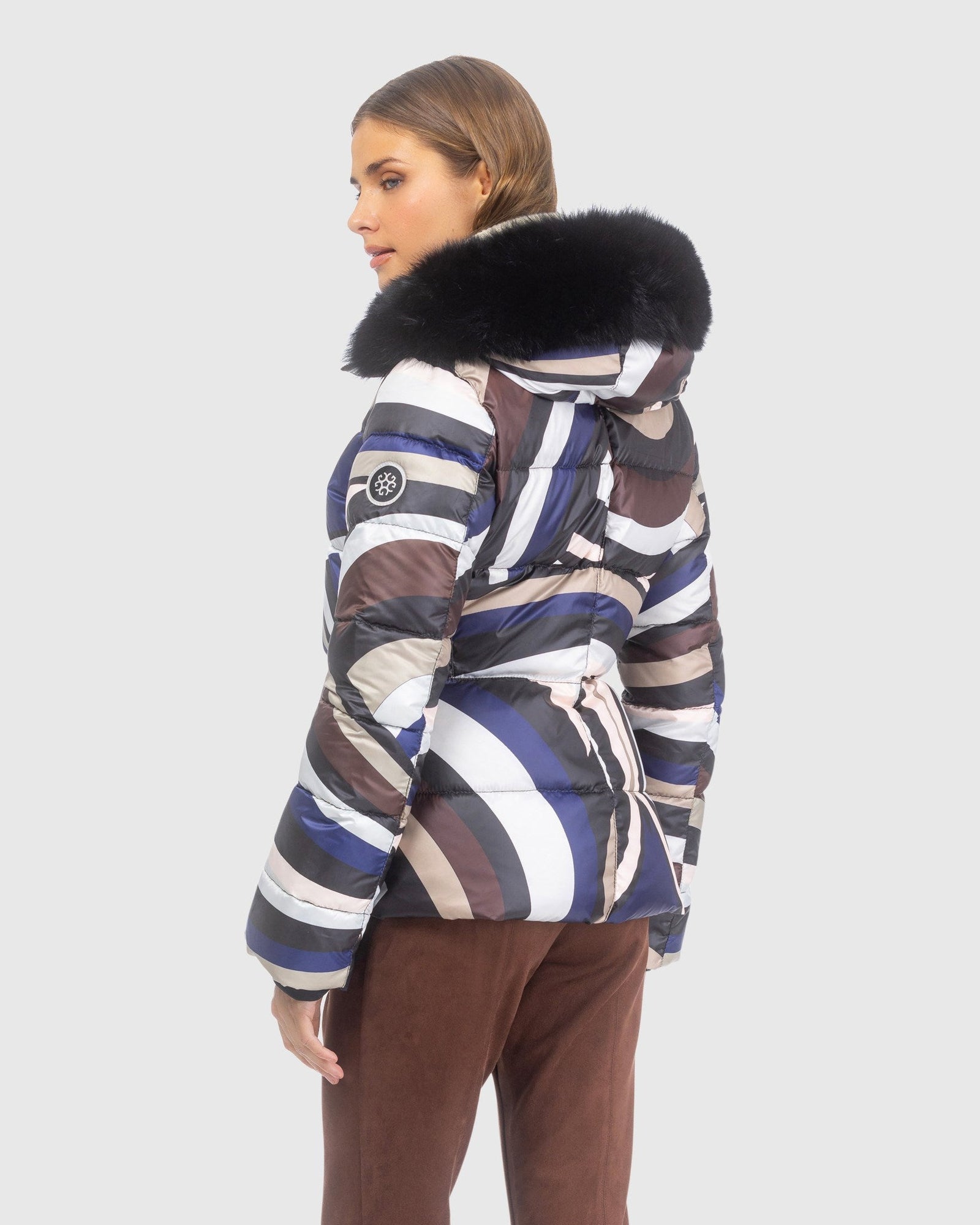 Après-Ski Jacket With Detachable Toscana Lamb Hood Trim | Navy/Brown Swirl/Black (V2)