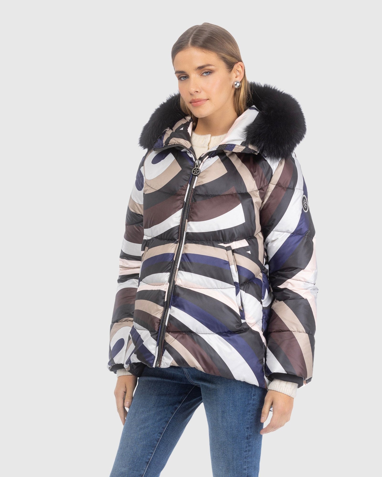 Après-Ski Jacket With Detachable Toscana Lamb Hood Trim | Navy/Brown Swirl/Black (V3)