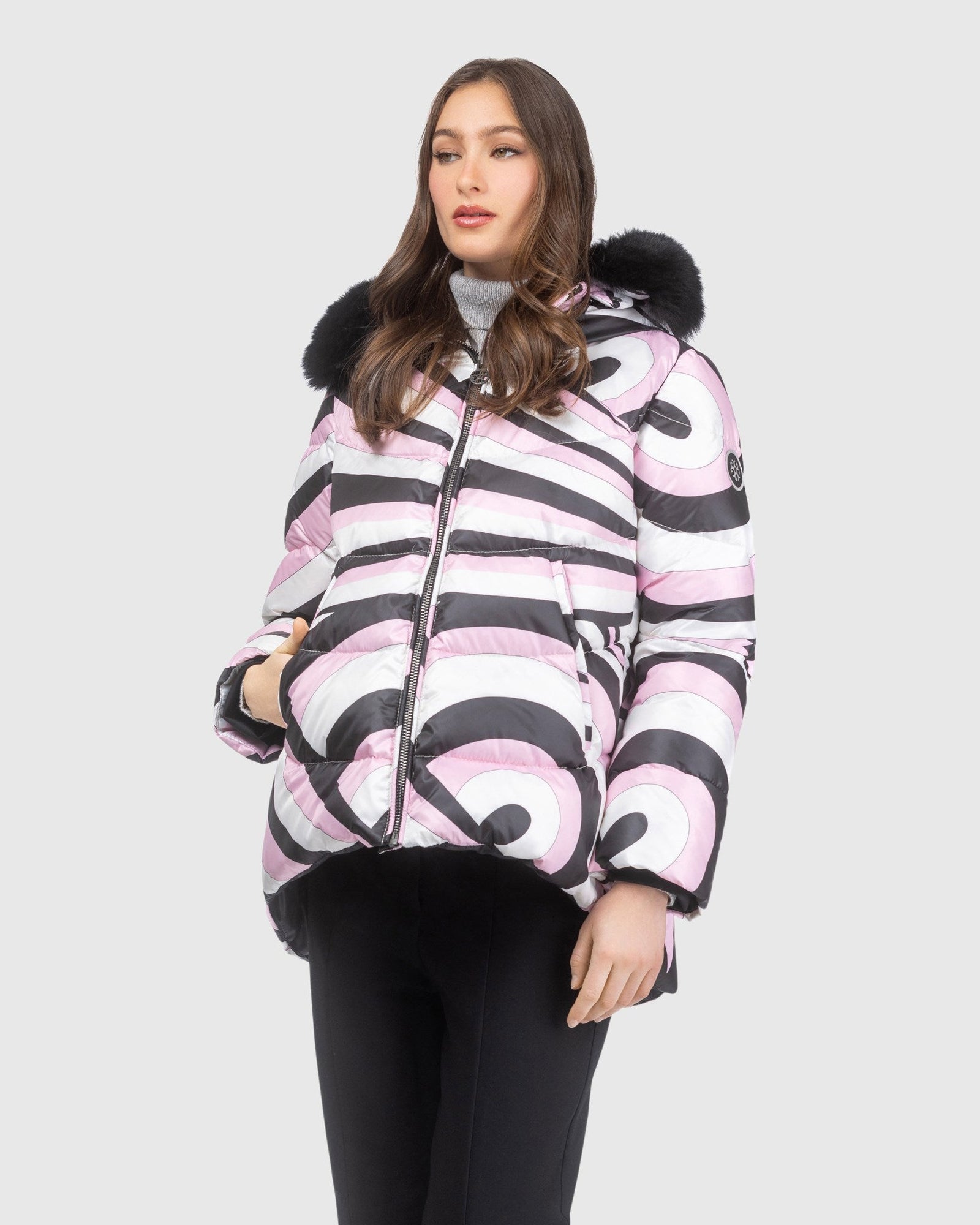 Après-Ski Jacket With Detachable Toscana Lamb Hood Trim | Pink Swirl/Black (V2)