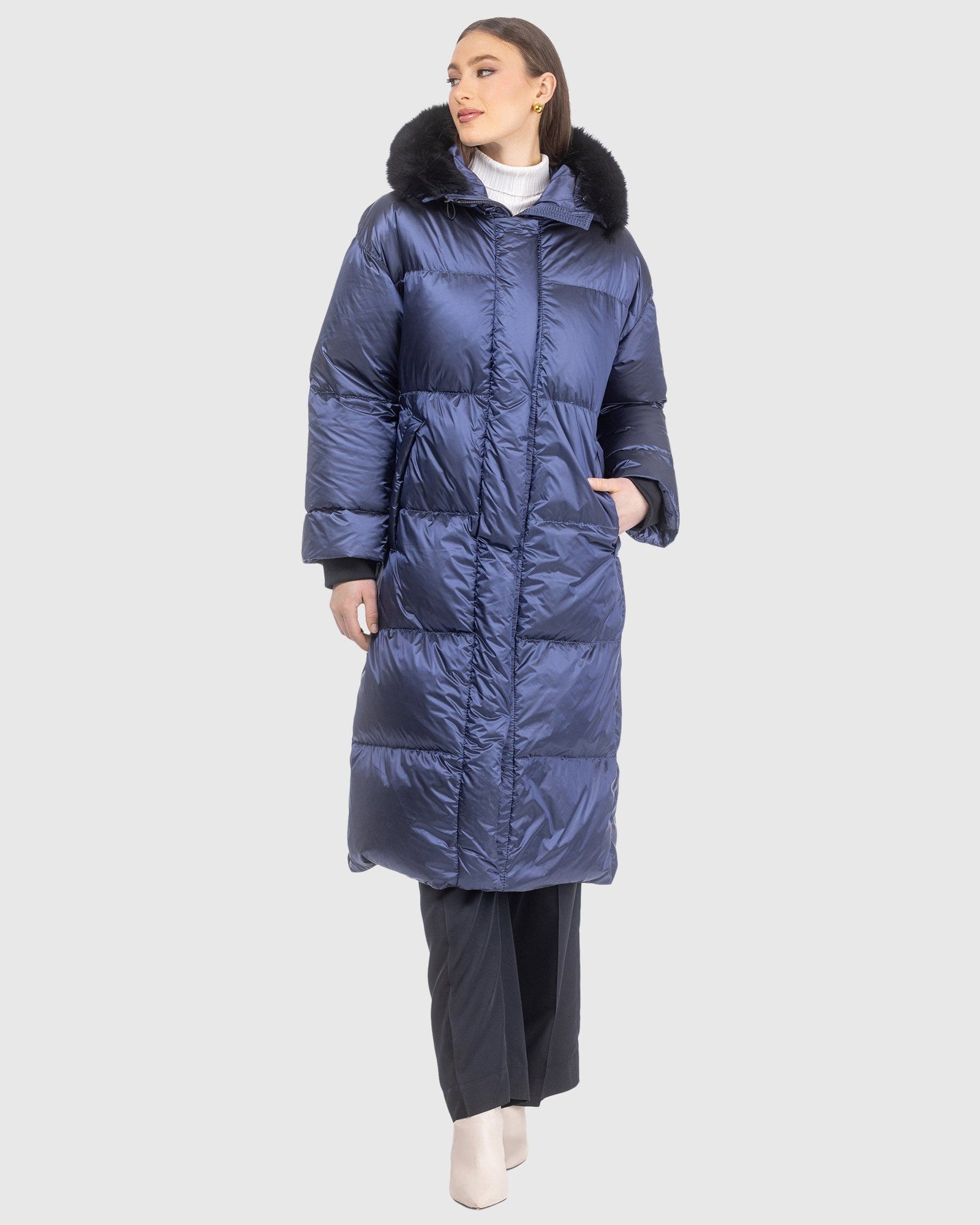 Après-Ski Jacket With Detachable Toscana Lamb Hood Trim | Ocean Blue/Black (V10)