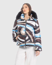 Après-Ski Jacket With Detachable Toscana Lamb Hood Trim | Sky/Brown Swirl/Black