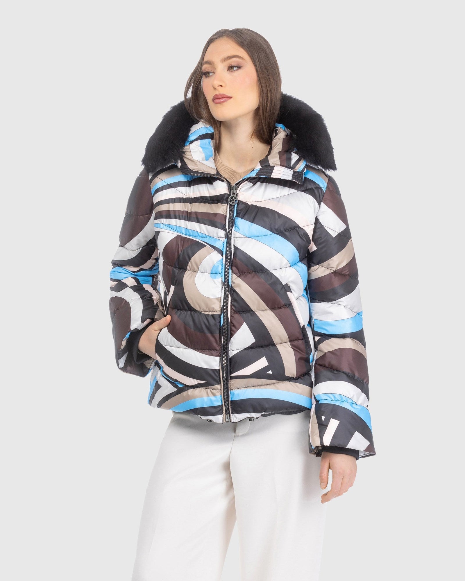 Après-Ski Jacket With Detachable Toscana Lamb Hood Trim | Sky/Brown Swirl/Black