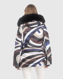 Après-Ski Jacket With Detachable Toscana Lamb Hood Trim | Navy/Brown Swirl/Black (V1)