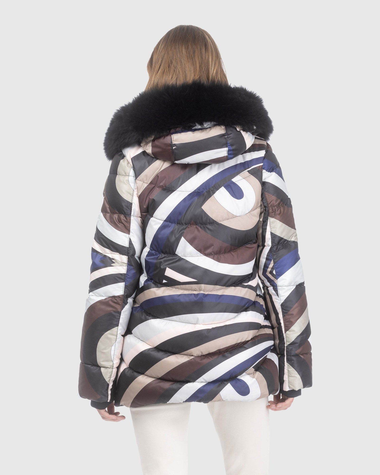 Après-Ski Jacket With Detachable Toscana Lamb Hood Trim | Navy/Brown Swirl/Black (V1)