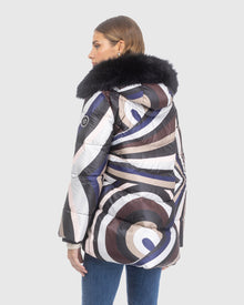 Après-Ski Jacket With Detachable Toscana Lamb Hood Trim | Navy/Brown Swirl/Black (V3)
