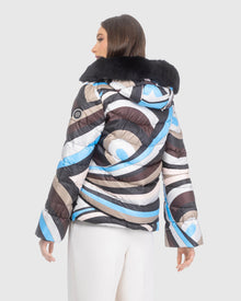 Après-Ski Jacket With Detachable Toscana Lamb Hood Trim | Sky/Brown Swirl/Black