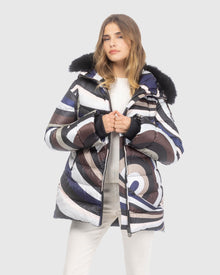 Après-Ski Jacket With Detachable Toscana Lamb Hood Trim | Navy/Brown Swirl/Black (V1)