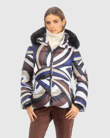 Après-Ski Jacket With Detachable Toscana Lamb Hood Trim | Navy/Brown Swirl/Black (V2)