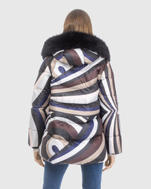 Après-Ski Jacket With Detachable Toscana Lamb Hood Trim | Navy/Brown Swirl/Black (V3)