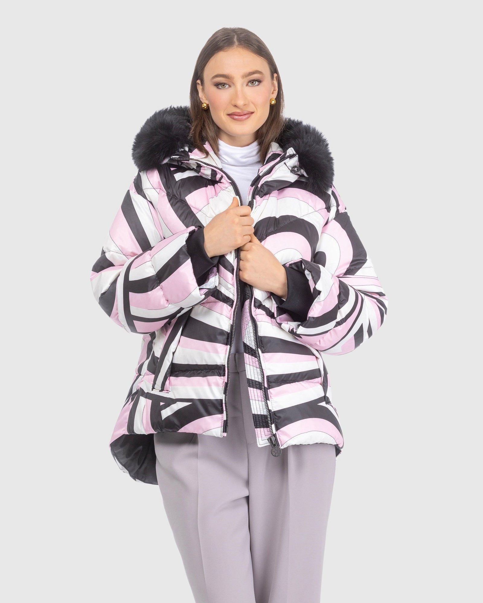Après-Ski Jacket With Detachable Toscana Lamb Hood Trim | Pink Swirl/Black (V3)