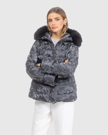 Après-Ski Jacket With Detachable Toscana Lamb Hood Trim | Gray Camo/Black (V3)