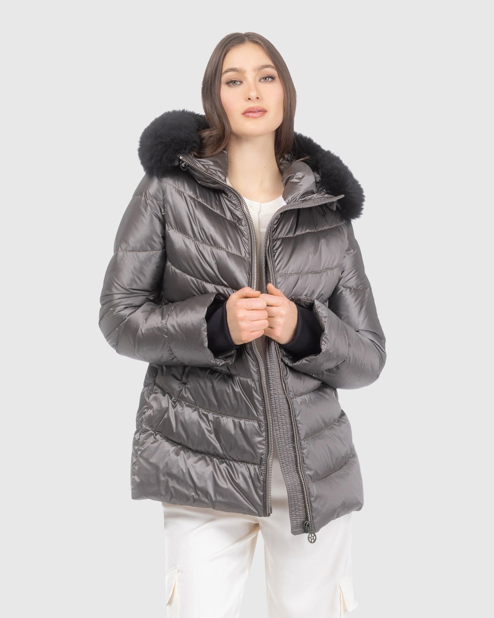 Après-Ski Jacket With Detachable Toscana Lamb Hood Trim | Greige/Black (V3)