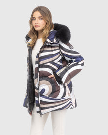 Après-Ski Jacket With Detachable Toscana Lamb Hood Trim | Navy/Brown Swirl/Black (V1)