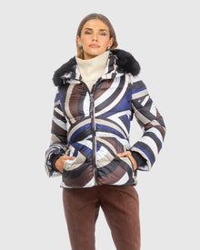 Après-Ski Jacket With Detachable Toscana Lamb Hood Trim | Navy/Brown Swirl/Black (V2)