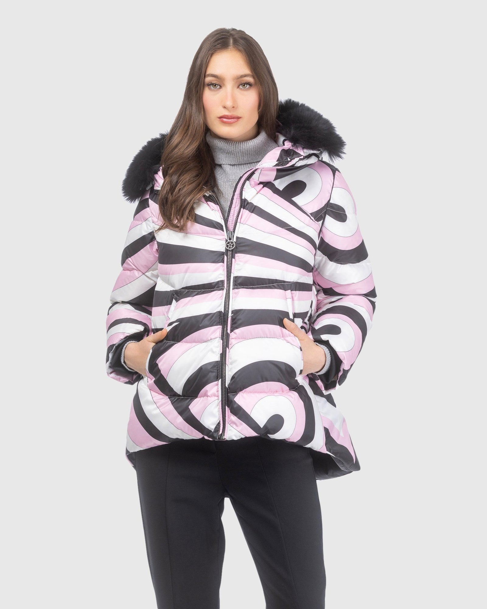Après-Ski Jacket With Detachable Toscana Lamb Hood Trim | Pink Swirl/Black (V2)