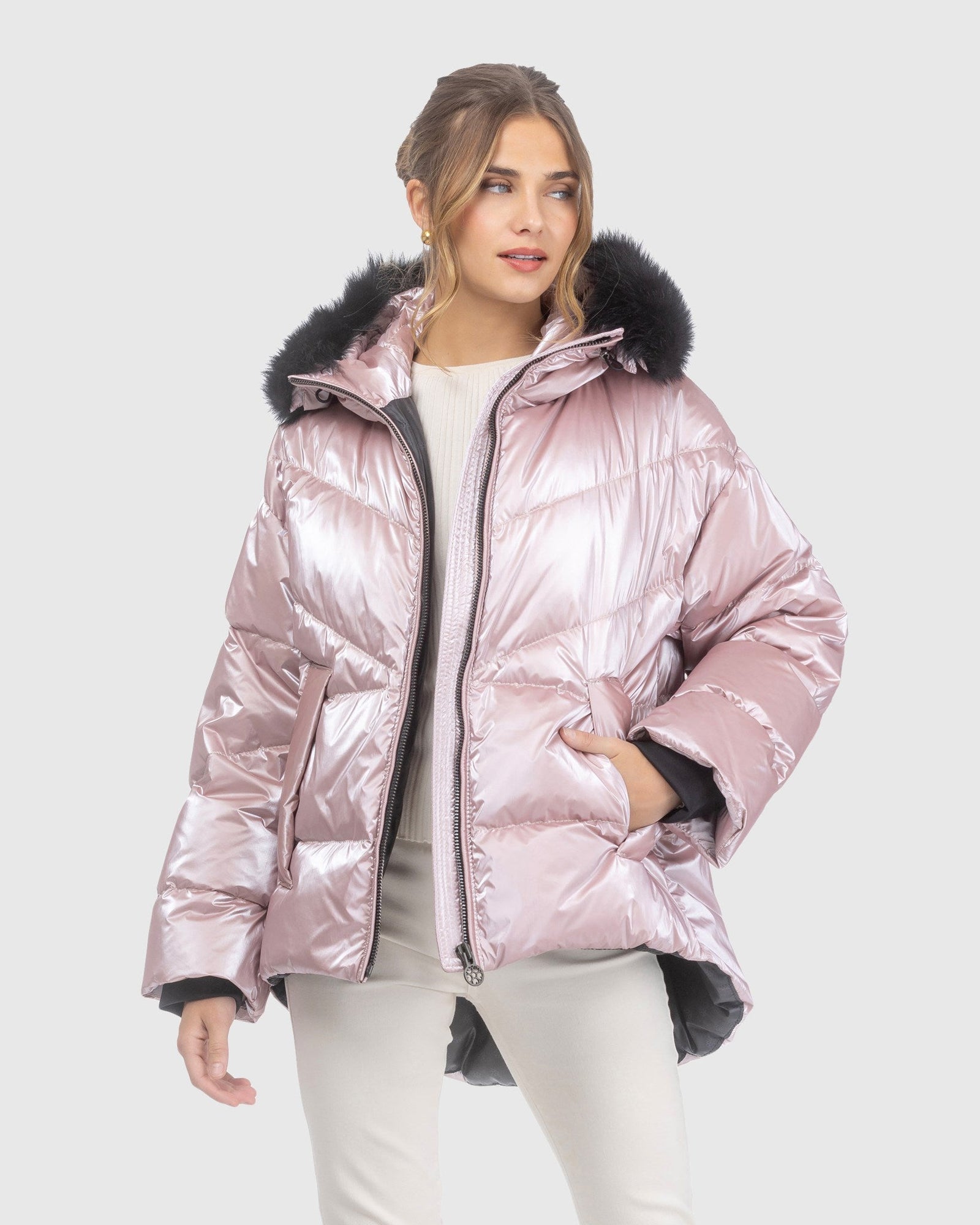 Après-Ski Jacket With Detachable Toscana Lamb Hood Trim | Pink/Black (V5)