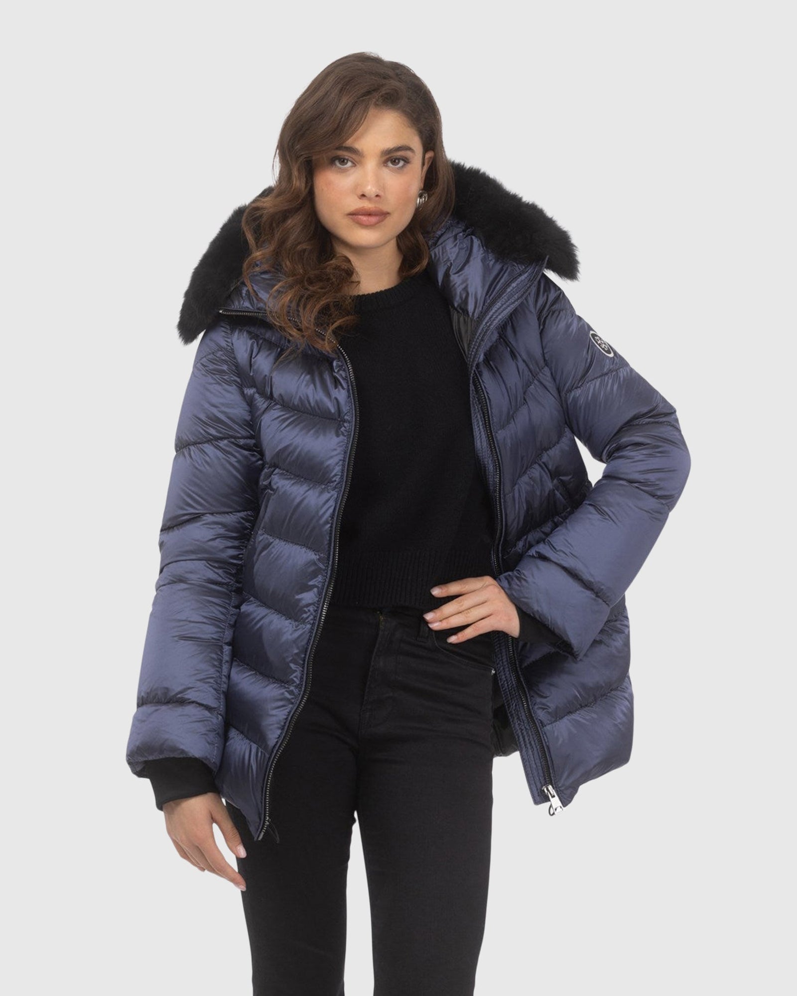 Après-Ski Jacket With Detachable Toscana Shearling Lamb Hood Trim | Ocean Blue/Black (V1)
