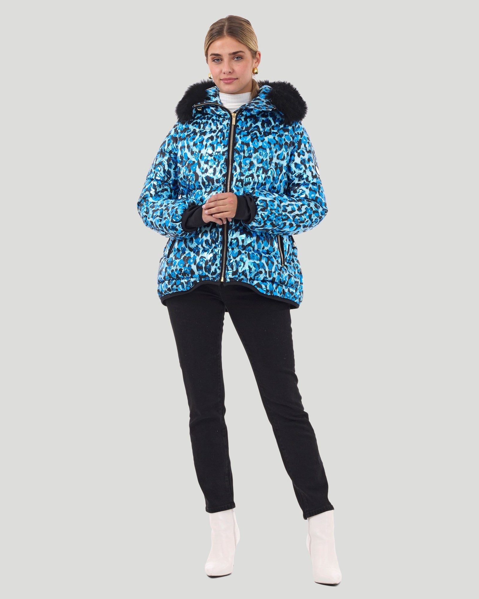 Après-Ski Jacket With Detachable Toscana Shearling Lamb Hood Trim | Women | Sky Leopard x Black