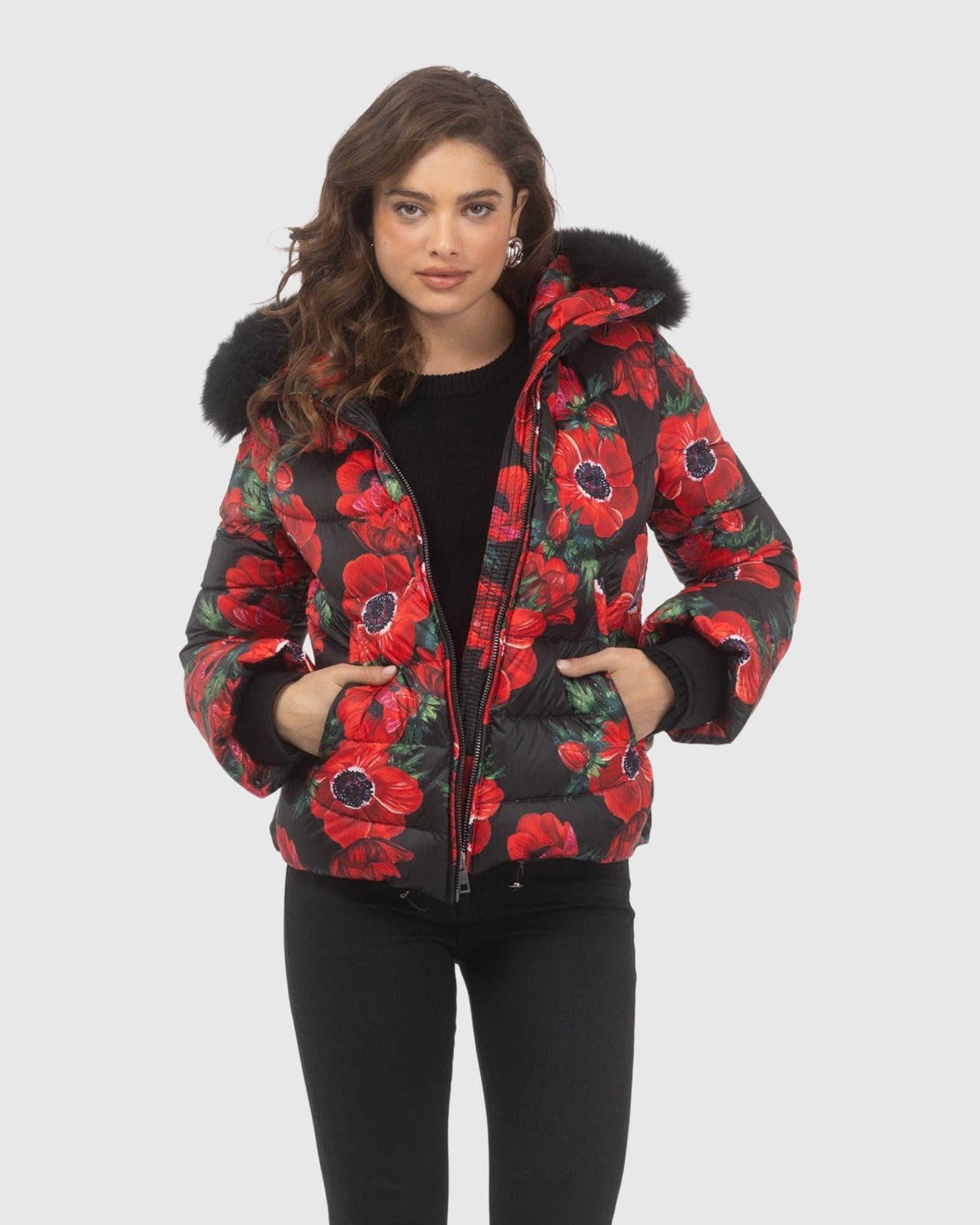 Après-Ski Jacket With Detachable Toscana Shearling Lamb Hood Trim | Black Poppy/Black