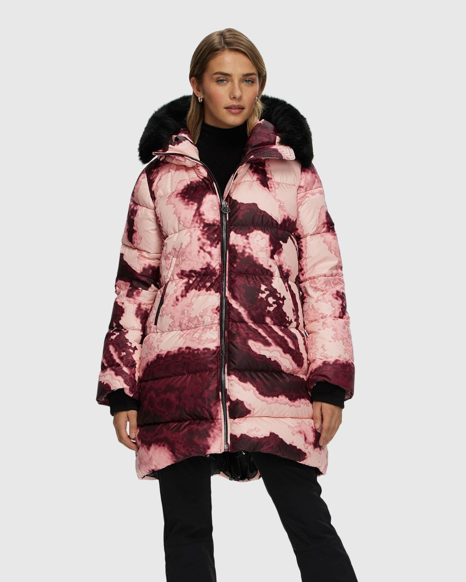 Après-Ski Jacket With Detachable Toscana Shearling Lamb Hood Trim | Burgundy Abstract/Black (V1)