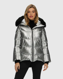 Après-Ski Jacket With Detachable Toscana Shearling Lamb Hood Trim | Silver/Black (V2)