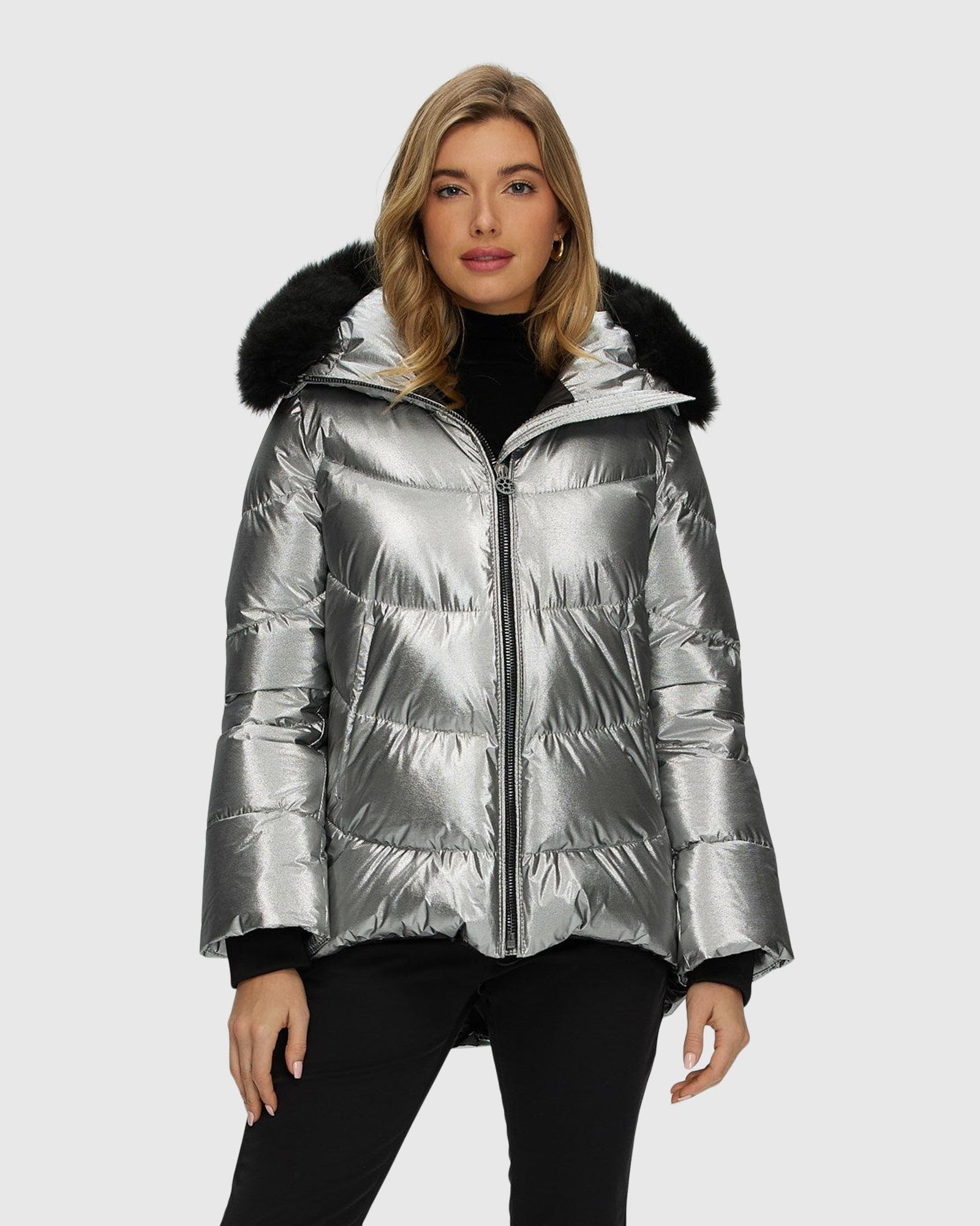 Après-Ski Jacket With Detachable Toscana Shearling Lamb Hood Trim | Silver/Black (V2)