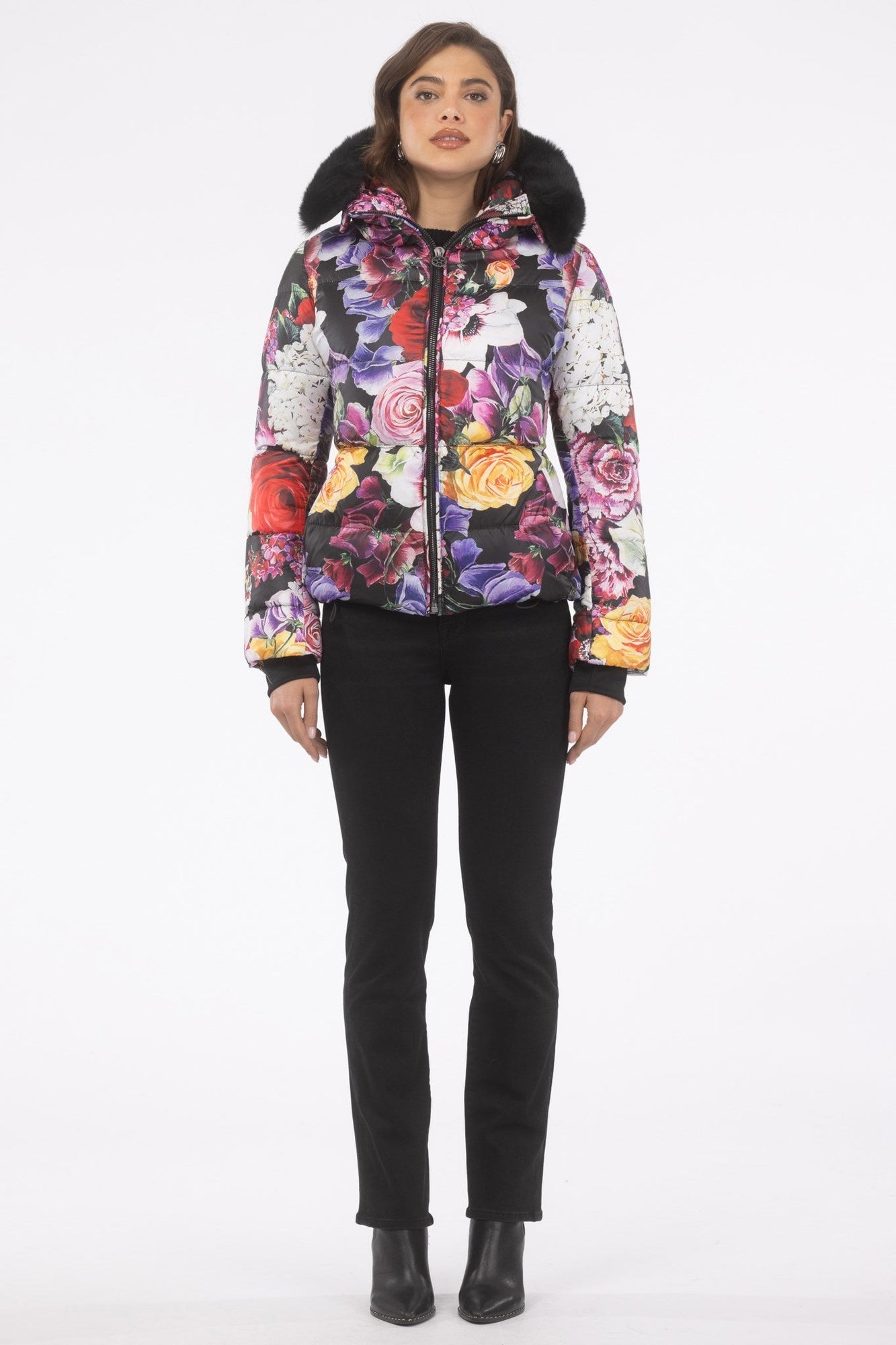 Après-Ski Jacket With Detachable Toscana Shearling Lamb Hood Trim | Women | Black Floral x Black