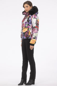 Après-Ski Jacket With Detachable Toscana Shearling Lamb Hood Trim | Women | Black Floral x Black