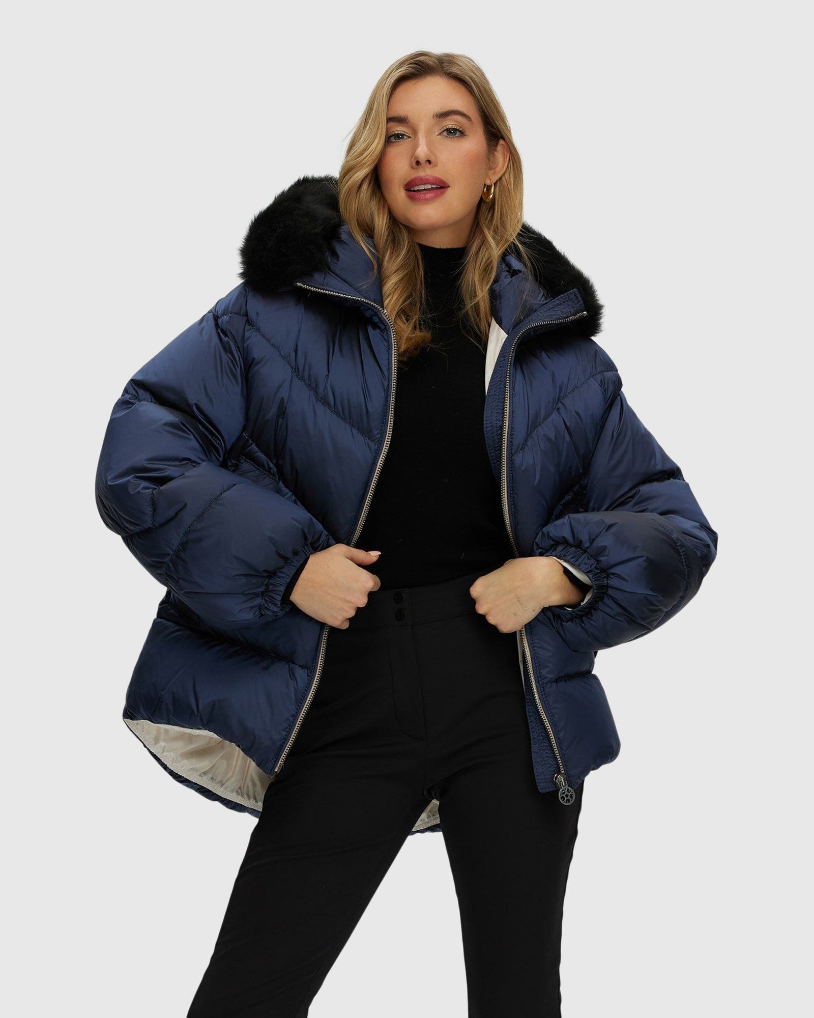 Après-Ski Jacket With Detachable Toscana Shearling Lamb Hood Trim | Ocean Blue/Black (V2)