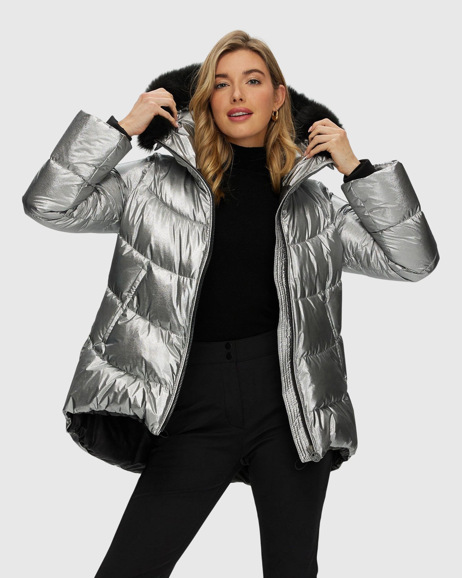 Après-Ski Jacket With Detachable Toscana Shearling Lamb Hood Trim | Silver/Black (V2)