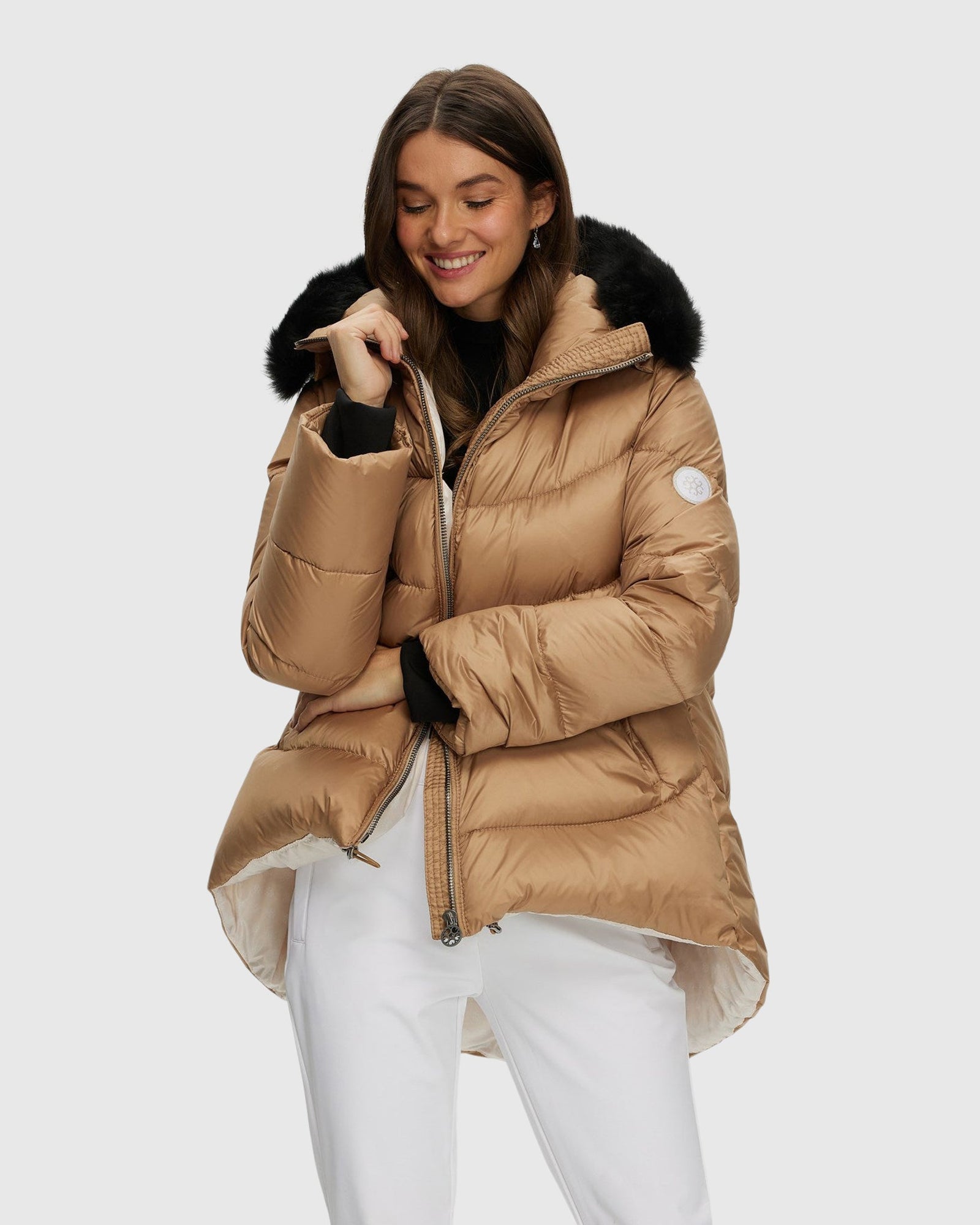 Après-Ski Jacket With Detachable Toscana Shearling Lamb Hood Trim | Camel/Black (V4)