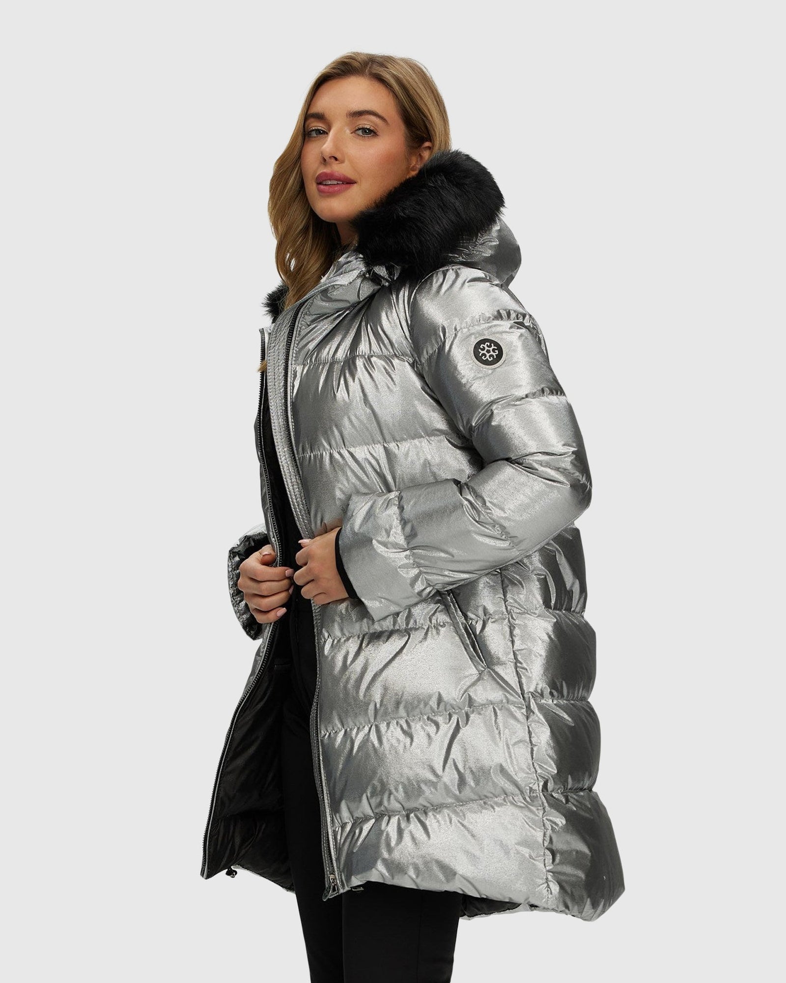 Après-Ski Jacket With Detachable Toscana Shearling Lamb Hood Trim | Silver/Black (V3)