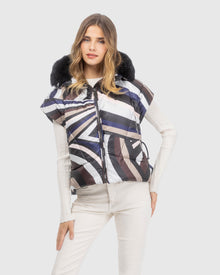 Après-Ski Vest With Detachable Toscana Lamb Hood Trim | Navy/Brown Swirl/Black