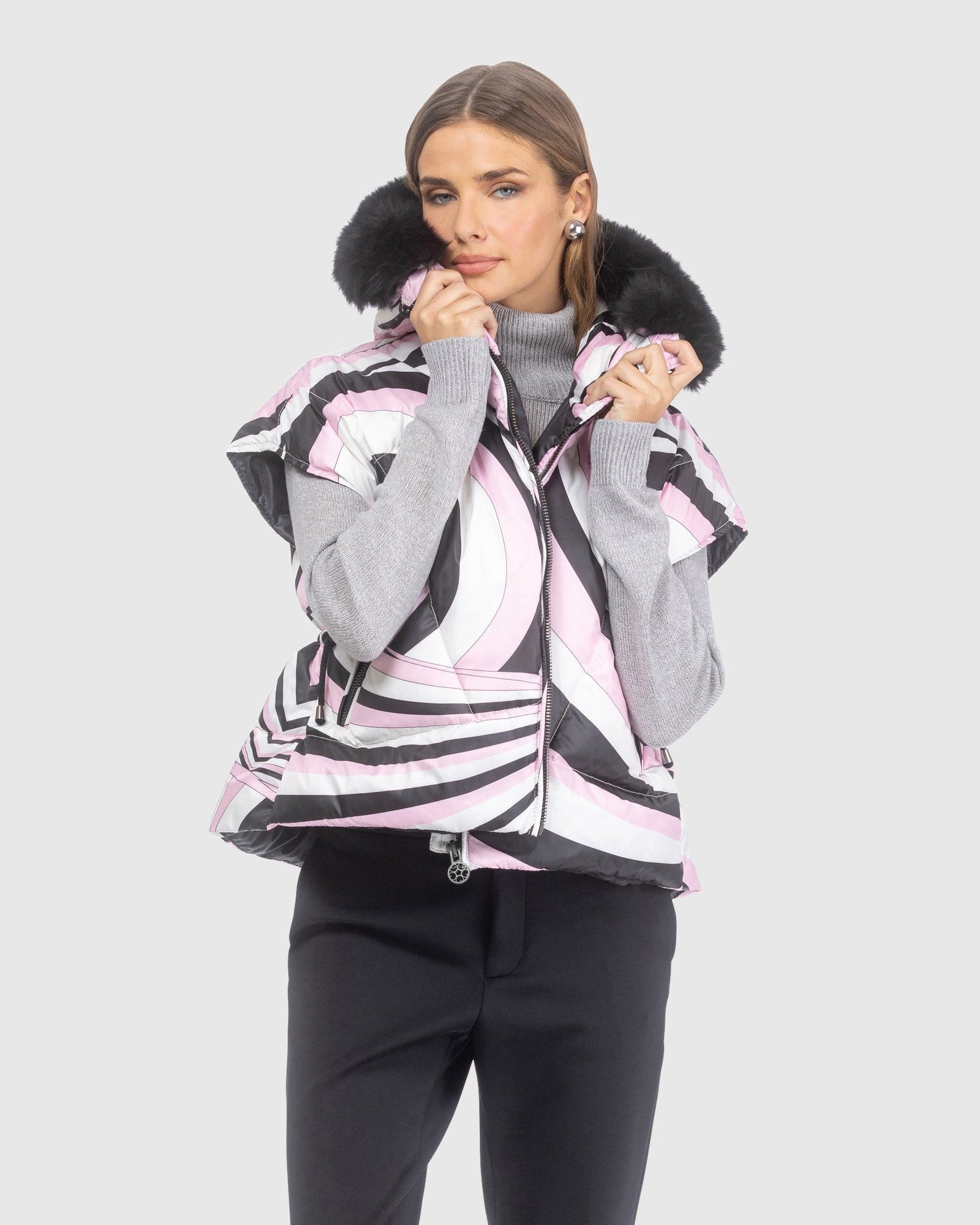 Après-Ski Vest With Detachable Toscana Lamb Hood Trim | Pink Swirl/Black
