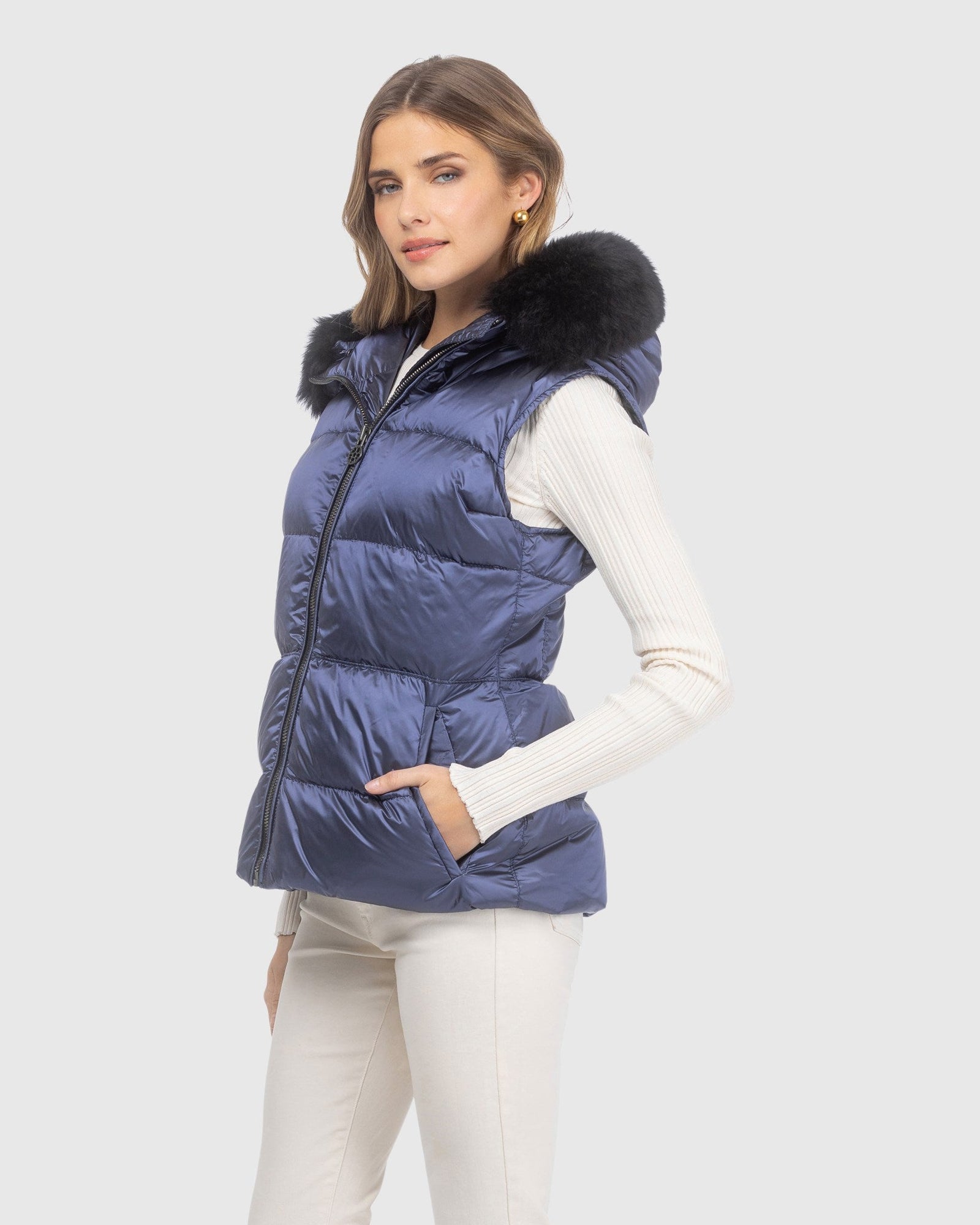 Après-Ski Vest With Detachable Toscana Lamb Hood Trim | Ocean Blue/Black (V2)