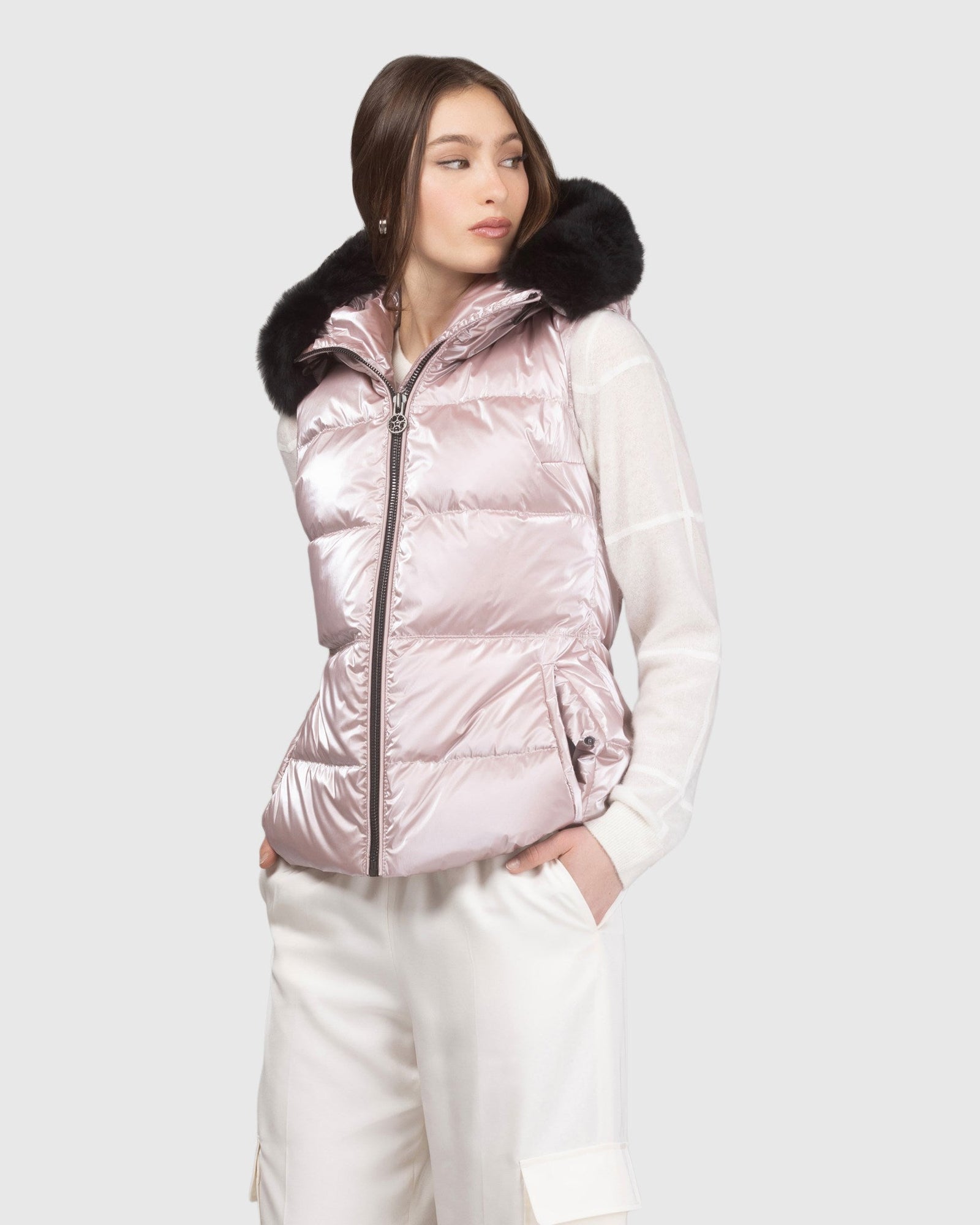 Après-Ski Vest With Detachable Toscana Lamb Hood Trim | Pink/Black