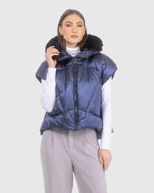Après-Ski Vest With Detachable Toscana Lamb Hood Trim | Ocean Blue/Black (V1)
