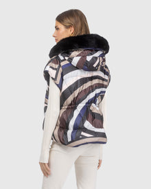 Après-Ski Vest With Detachable Toscana Lamb Hood Trim | Navy/Brown Swirl/Black