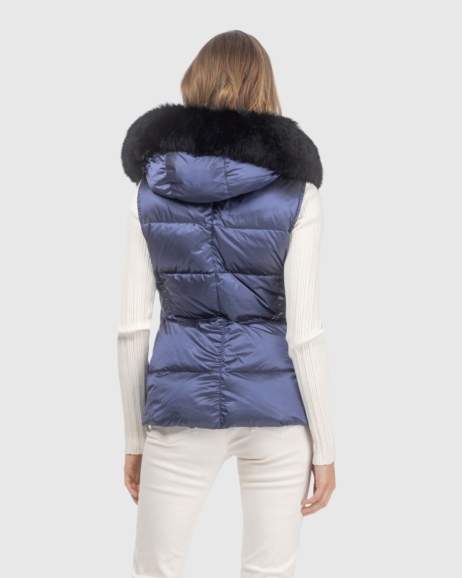 Après-Ski Vest With Detachable Toscana Lamb Hood Trim | Ocean Blue/Black (V2)