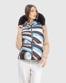 Après-Ski Vest With Detachable Toscana Lamb Hood Trim | Sky/Brown Swirl/Black