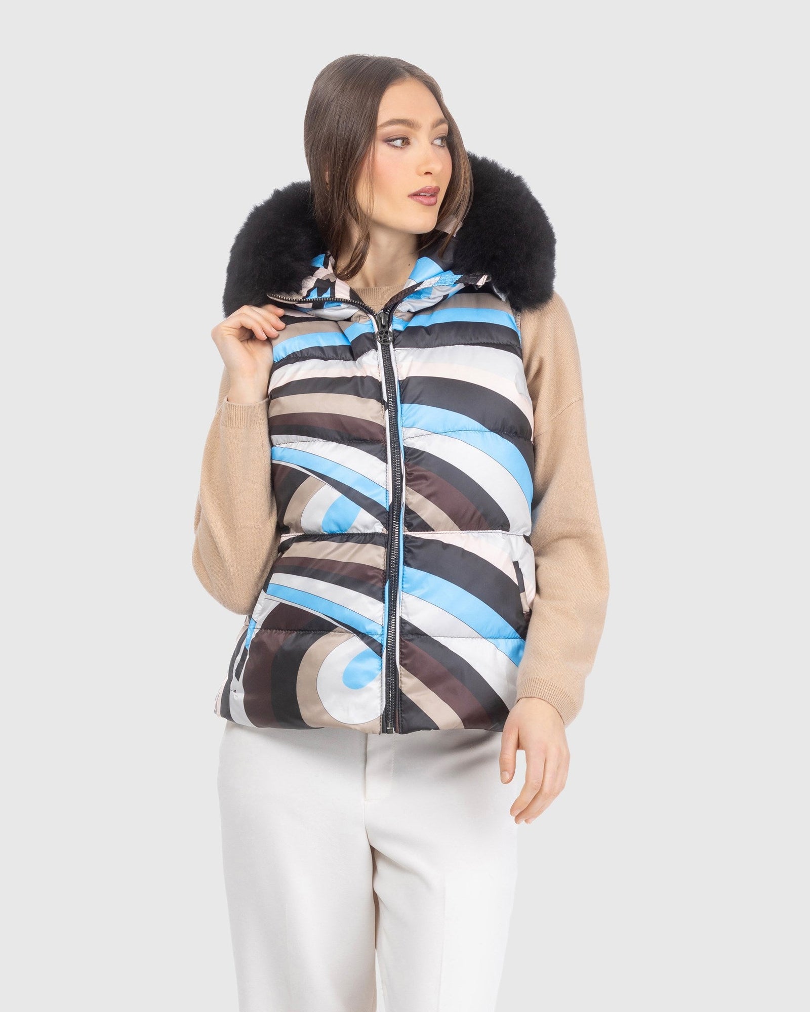Après-Ski Vest With Detachable Toscana Lamb Hood Trim | Sky/Brown Swirl/Black