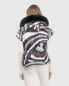 Après-Ski Vest With Detachable Toscana Lamb Hood Trim | Navy/Brown Swirl/Black